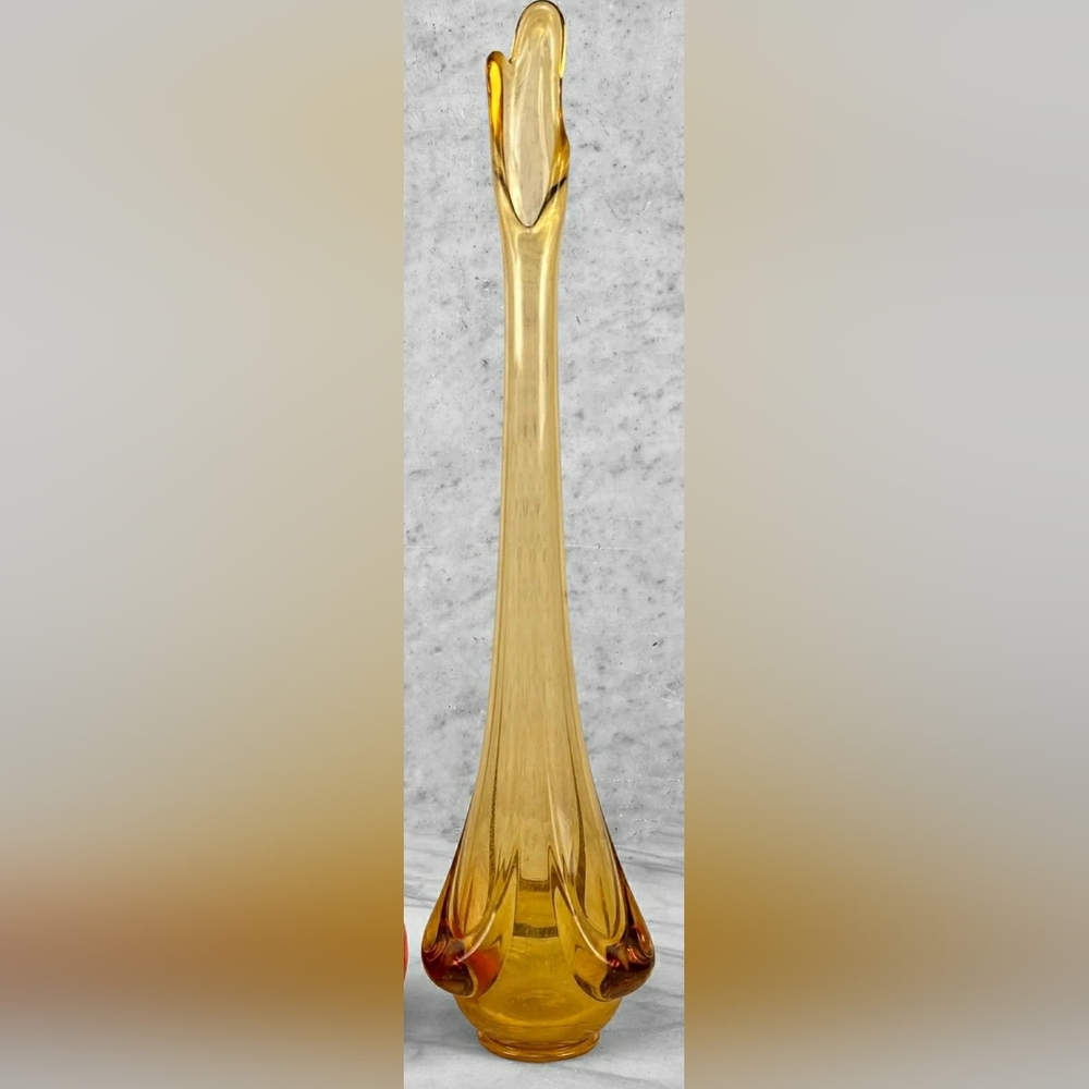 VINTAGE MCM 19¼" VIKING GLASS AMBER  " EPIC 3 FOIL" SWUNG VASE WITH DRAPE BOTTOM